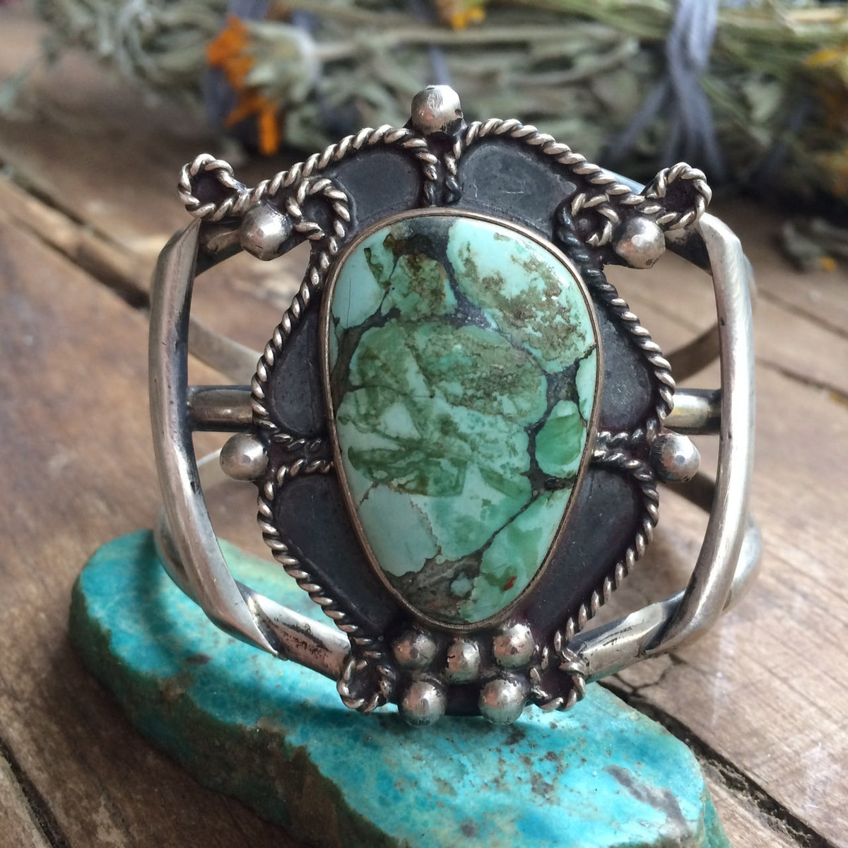 Vintage Harvey Era Turquoise Sterling Silver Cuff Bracelet, 52g