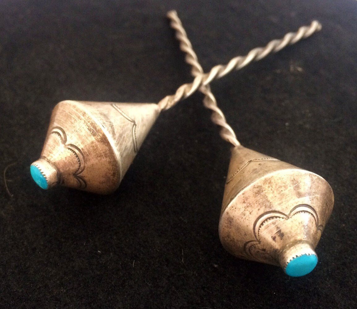 Old Pawn Navajo Sterling Silver Turquoise Hair Pins | Vintage Native American Handmade Hair Accessories | JB Tanner Collection