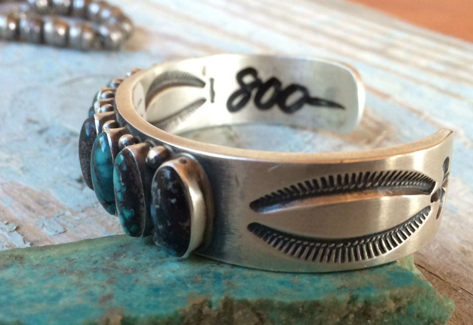 Signed Kirk Smith Sterling Silver Eight Stone Turquoise Row Cuff | Navajo Bracelet