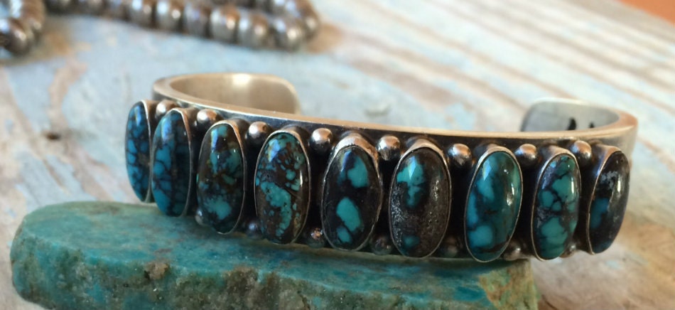 Signed Kirk Smith Sterling Silver Eight Stone Turquoise Row Cuff | Navajo Bracelet