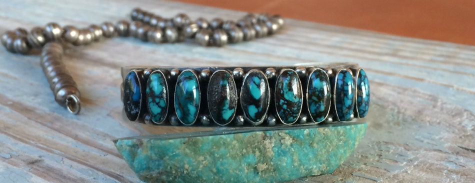Signed Kirk Smith Sterling Silver Eight Stone Turquoise Row Cuff | Navajo Bracelet