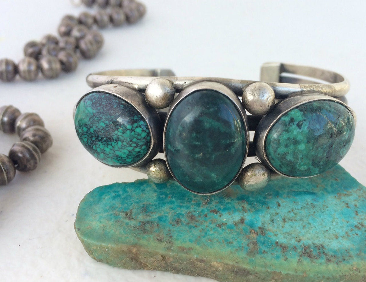 Vintage Navajo Sterling Silver Three-Stone Turquoise Cuff Bracelet | Natural Turquoise | Native American Jewelry