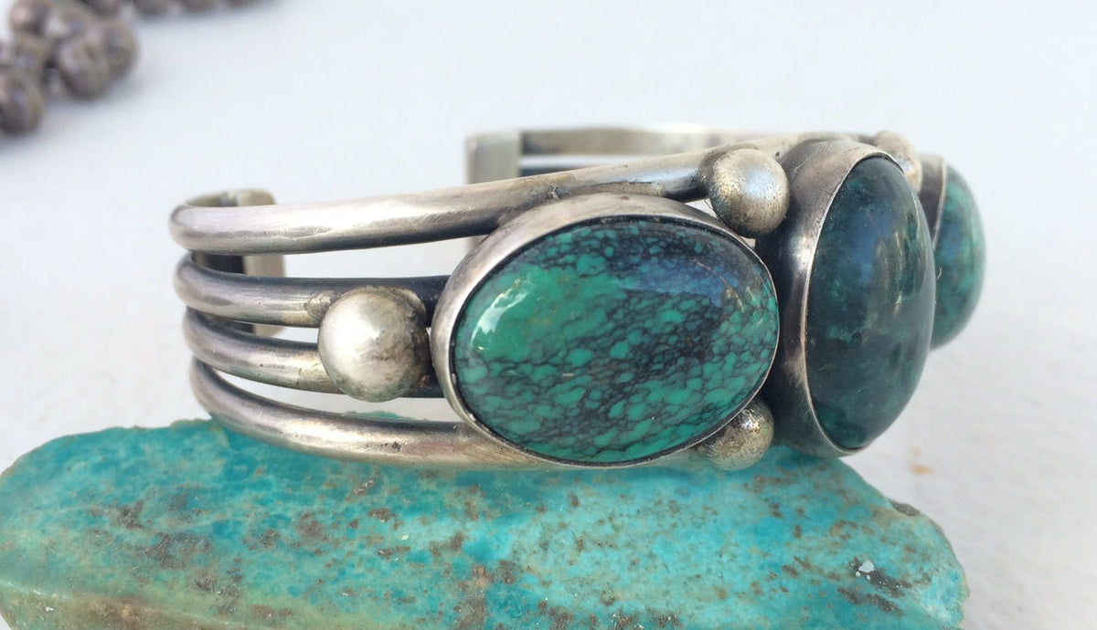 Vintage Navajo Sterling Silver Three-Stone Turquoise Cuff Bracelet | Natural Turquoise | Native American Jewelry