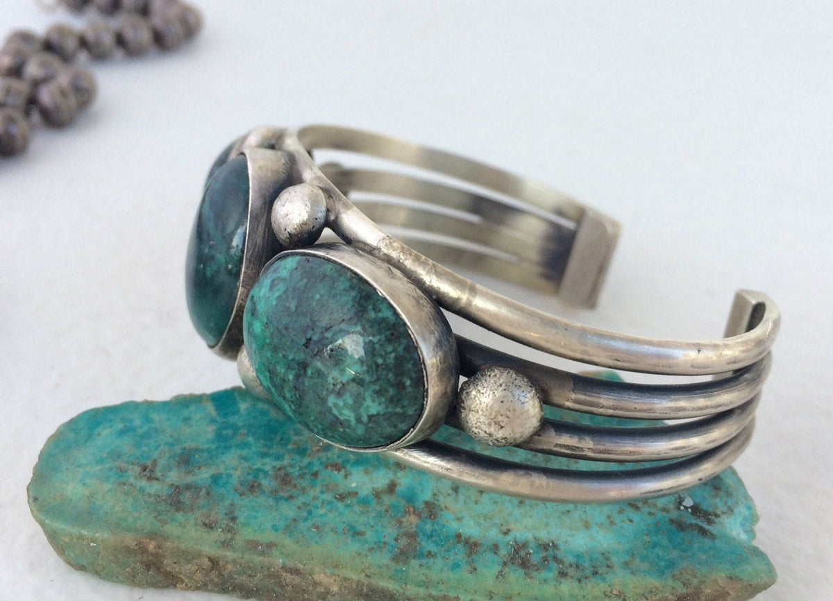 Vintage Navajo Sterling Silver Three-Stone Turquoise Cuff Bracelet | Natural Turquoise | Native American Jewelry