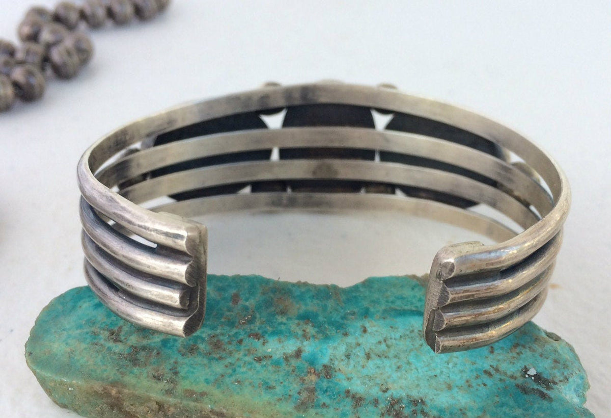 Vintage Navajo Sterling Silver Three-Stone Turquoise Cuff Bracelet | Natural Turquoise | Native American Jewelry