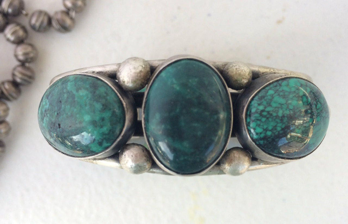 Vintage Navajo Sterling Silver Three-Stone Turquoise Cuff Bracelet | Natural Turquoise | Native American Jewelry