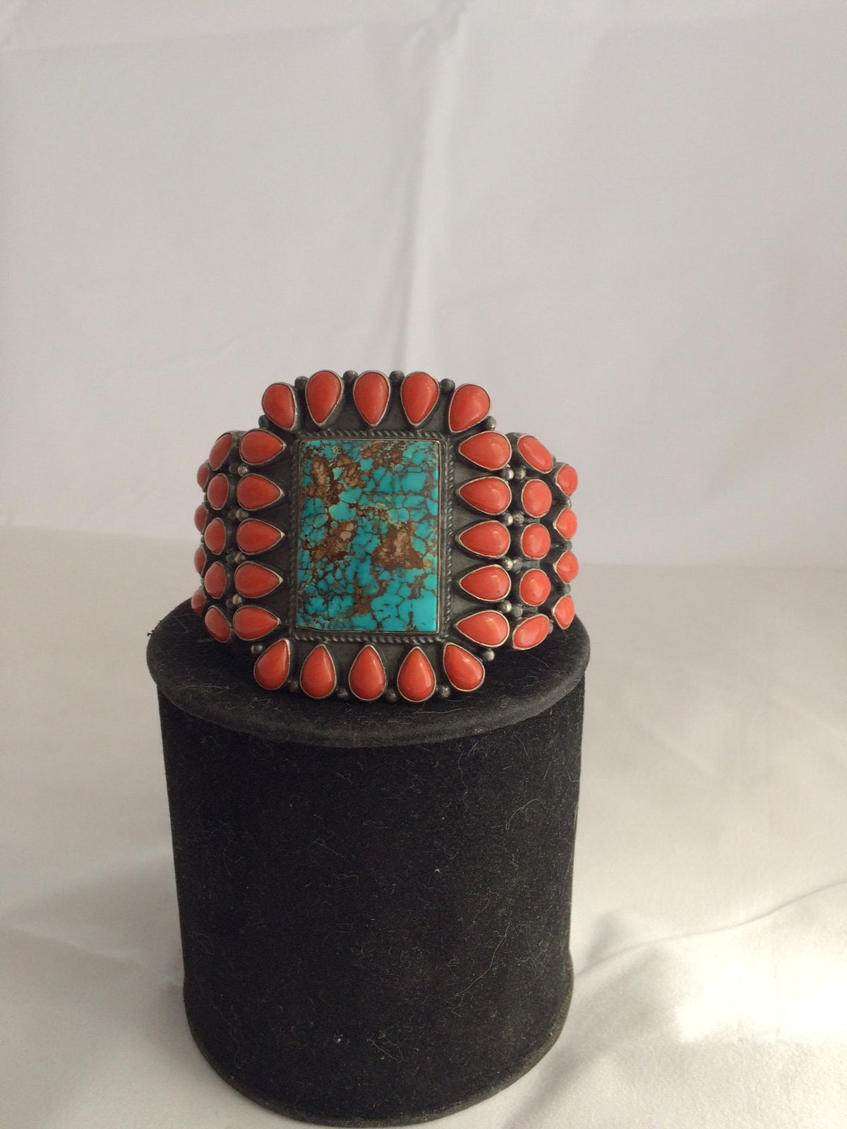 Signed Kirk Smith Navajo Sterling Silver Cuff | Natural Turquoise & Mediterranean Coral | Museum Quality