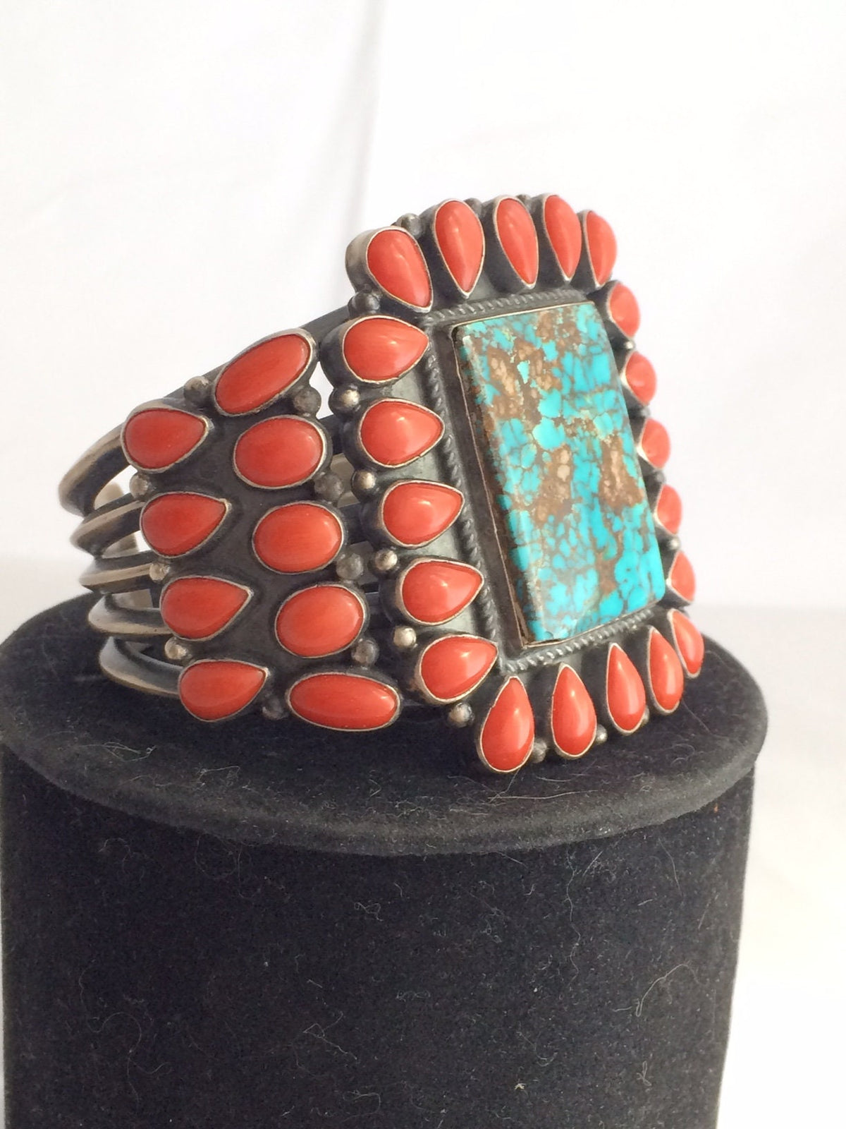 Signed Kirk Smith Navajo Sterling Silver Cuff | Natural Turquoise & Mediterranean Coral | Museum Quality