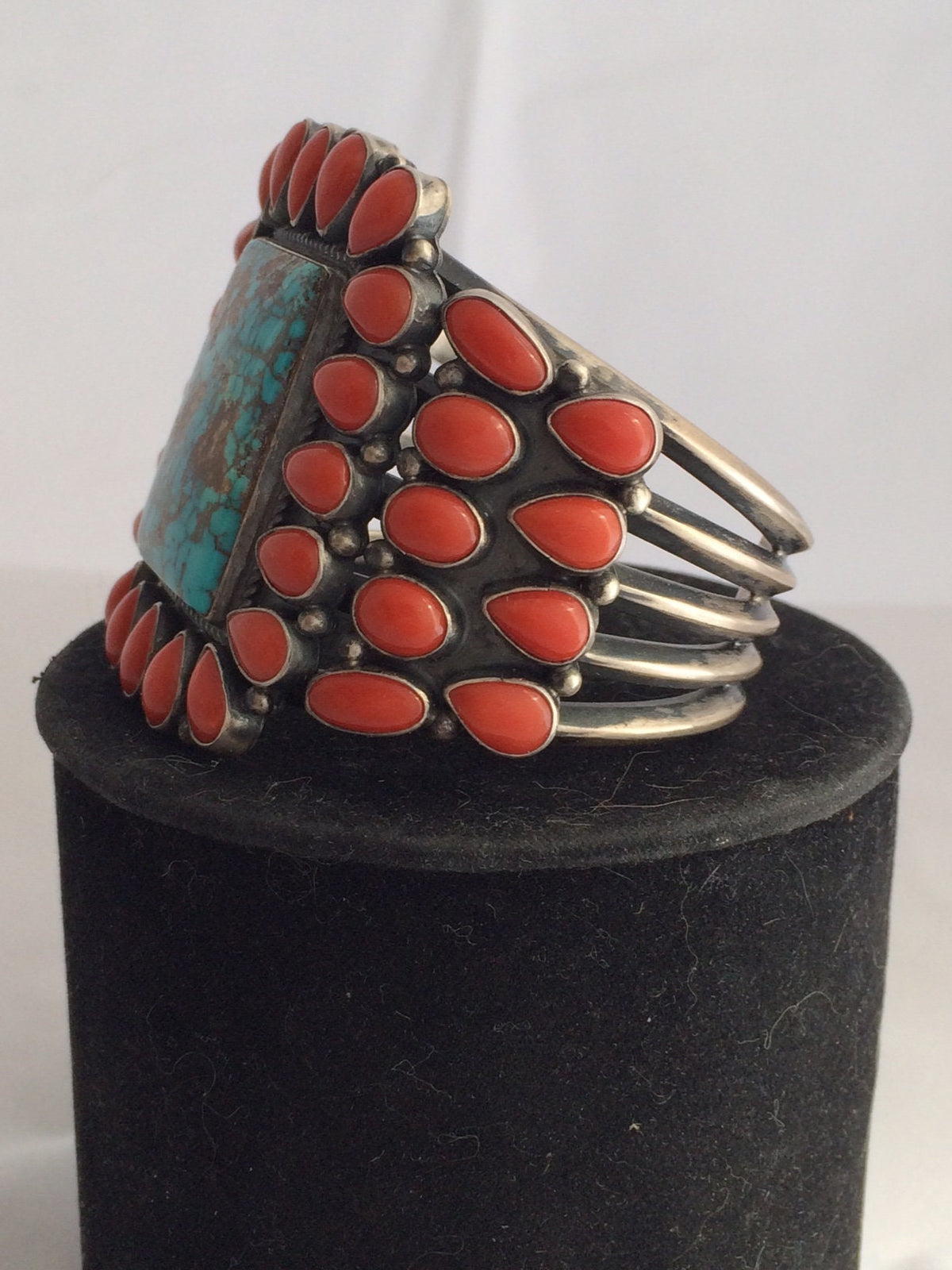 Signed Kirk Smith Navajo Sterling Silver Cuff | Natural Turquoise & Mediterranean Coral | Museum Quality
