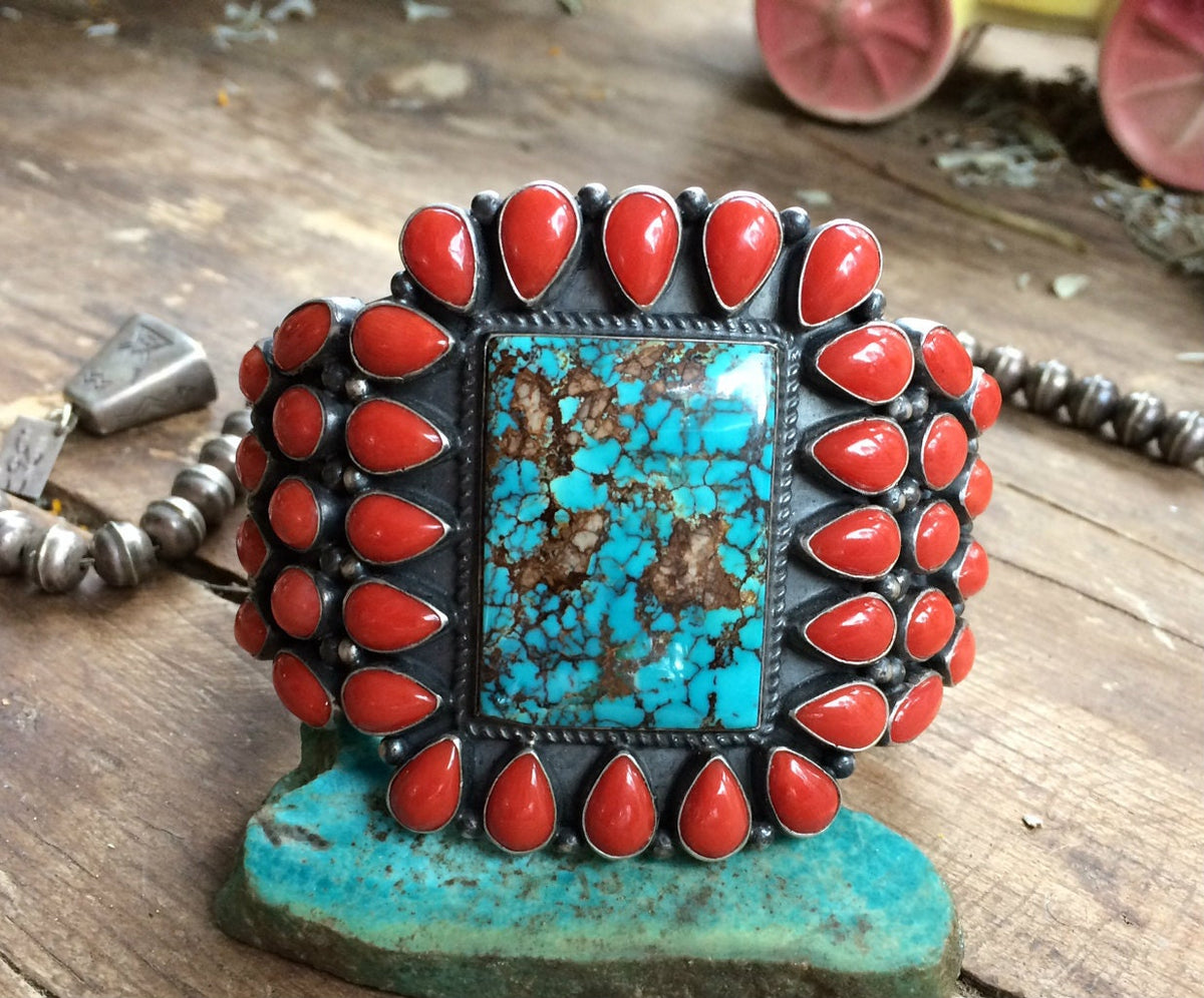 Signed Kirk Smith Navajo Sterling Silver Cuff | Natural Turquoise & Mediterranean Coral | Museum Quality