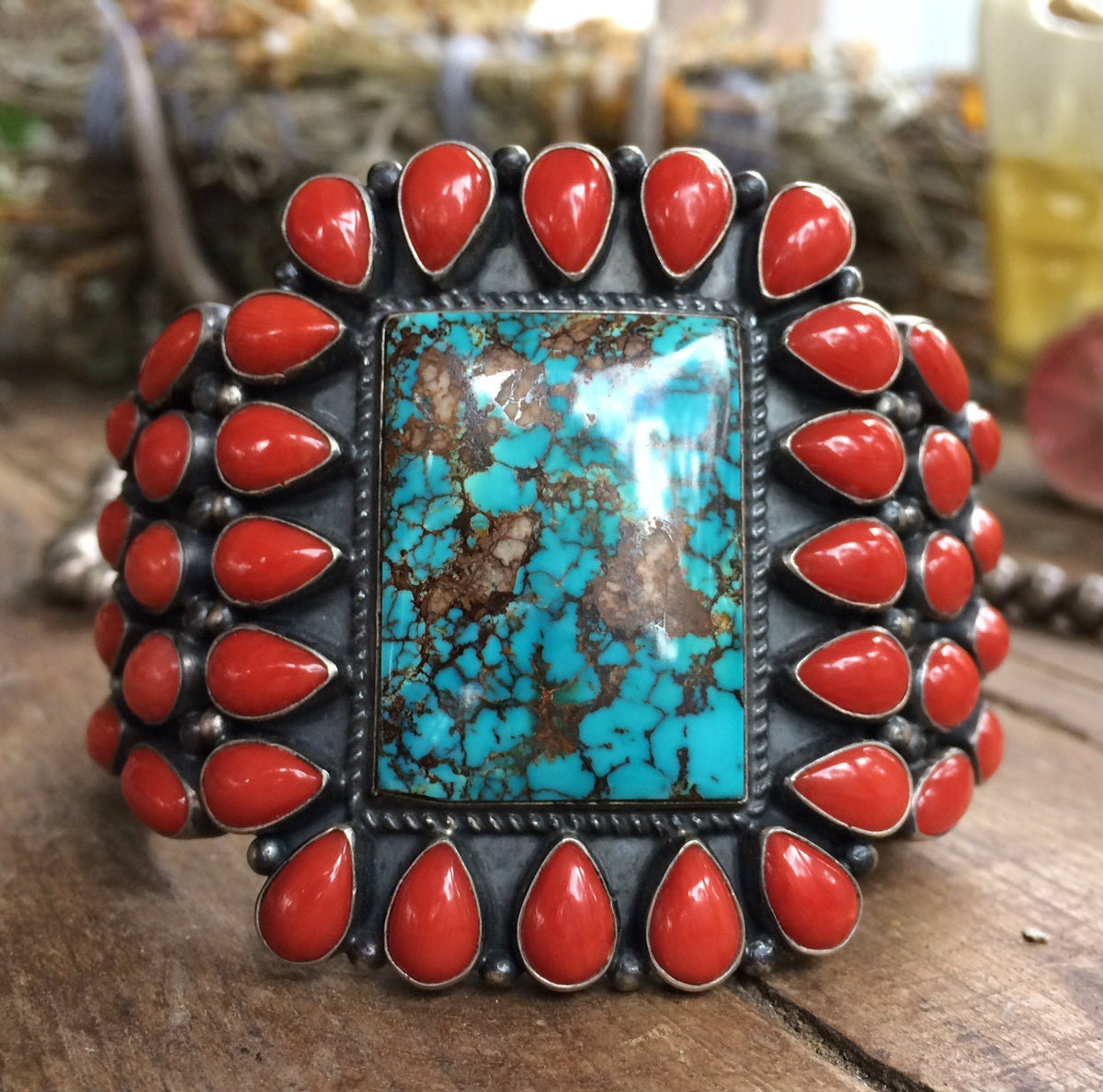 Signed Kirk Smith Navajo Sterling Silver Cuff | Natural Turquoise & Mediterranean Coral | Museum Quality