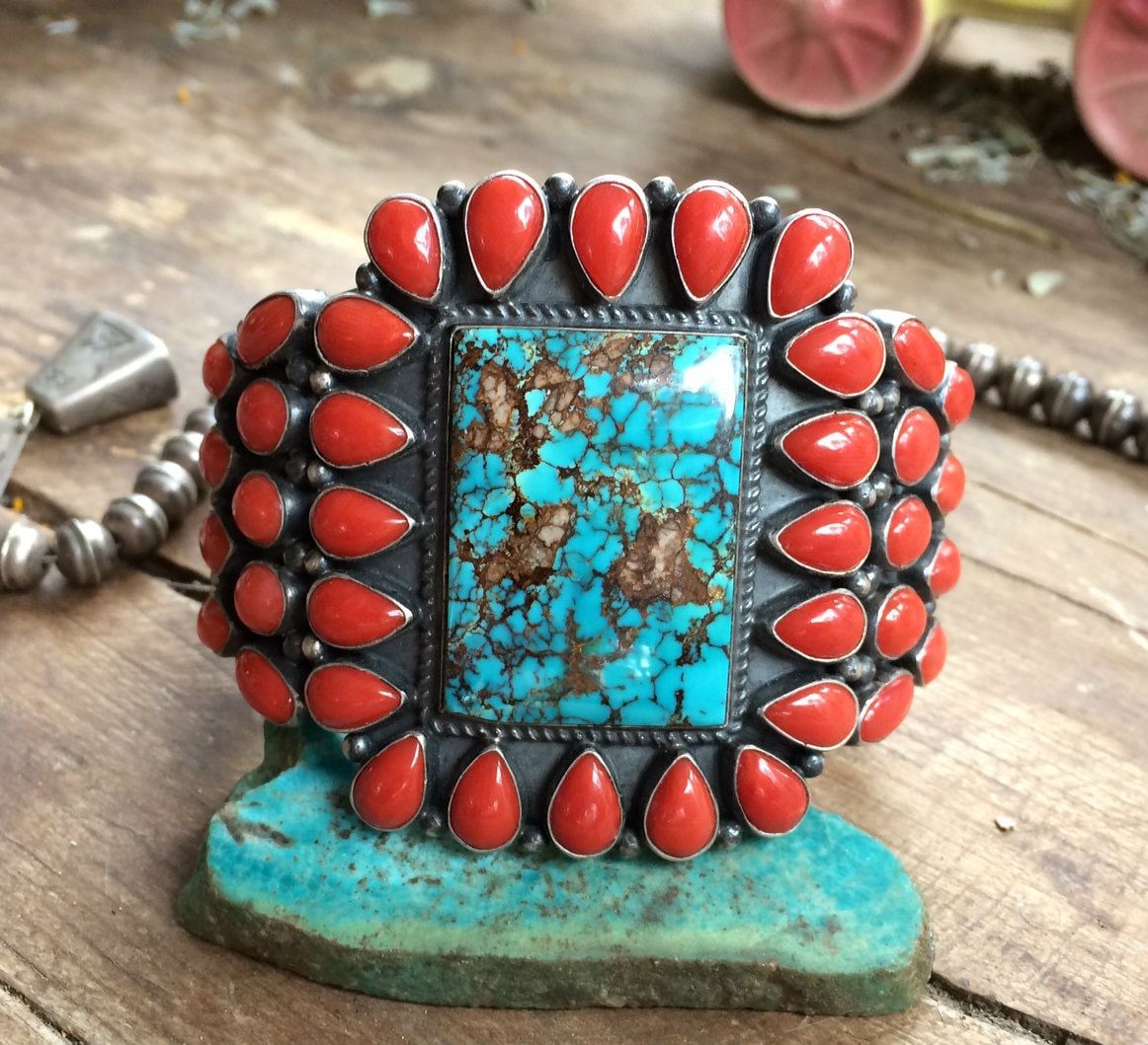 Signed Kirk Smith Navajo Sterling Silver Cuff | Natural Turquoise & Mediterranean Coral | Museum Quality