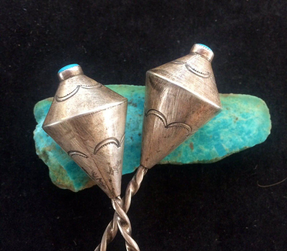 Old Pawn Navajo Sterling Silver Turquoise Hair Pins | Vintage Native American Handmade Hair Accessories | JB Tanner Collection