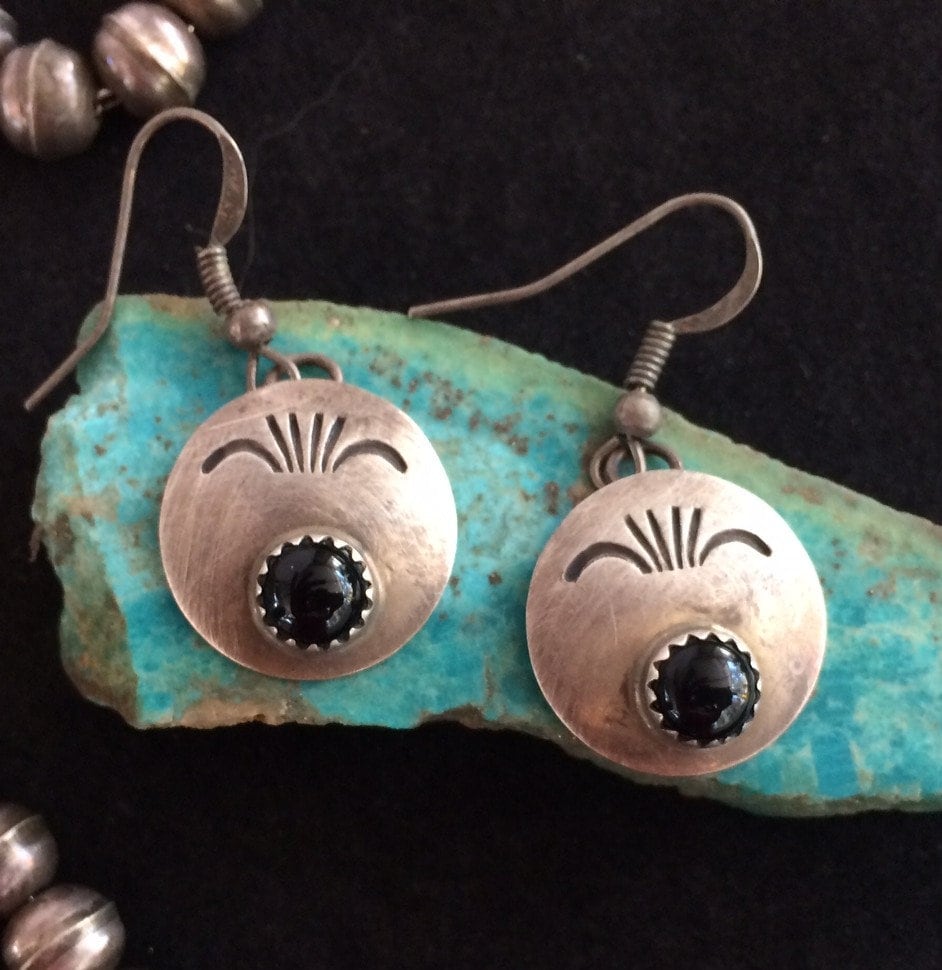 Vintage Navajo Sterling Silver Obsidian Earrings | Handmade Native American Southwestern Jewelry