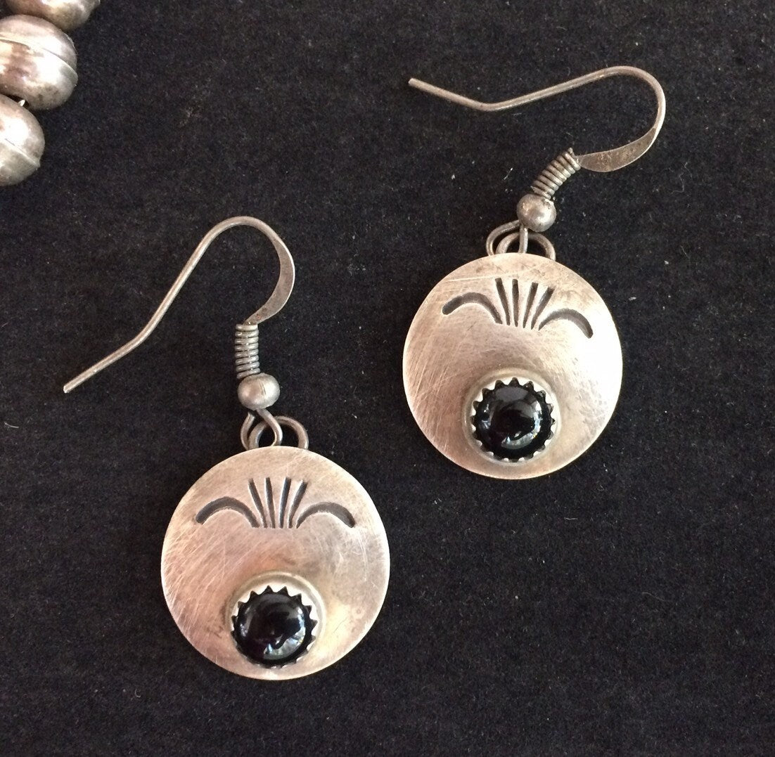 Vintage Navajo Sterling Silver Obsidian Earrings | Handmade Native American Southwestern Jewelry