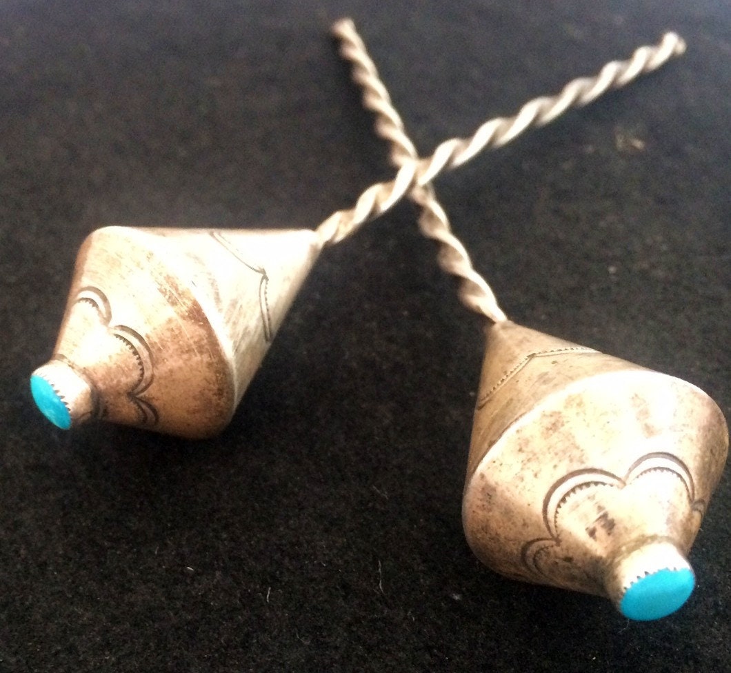 Old Pawn Navajo Sterling Silver Turquoise Hair Pins | Vintage Native American Handmade Hair Accessories | JB Tanner Collection