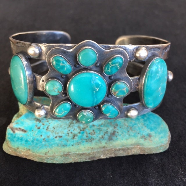 Vintage Navajo Turquoise Cluster Bracelet, Sterling Silver Flower Cuff, 46g