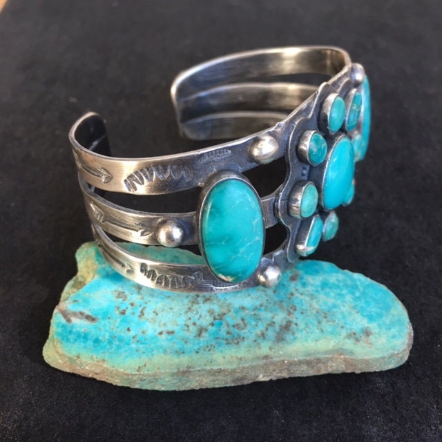 Vintage Navajo Turquoise Cluster Bracelet, Sterling Silver Flower Cuff, 46g