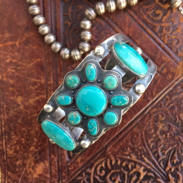 Vintage Navajo Turquoise Cluster Bracelet, Sterling Silver Flower Cuff, 46g