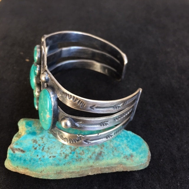 Vintage Navajo Turquoise Cluster Bracelet, Sterling Silver Flower Cuff, 46g