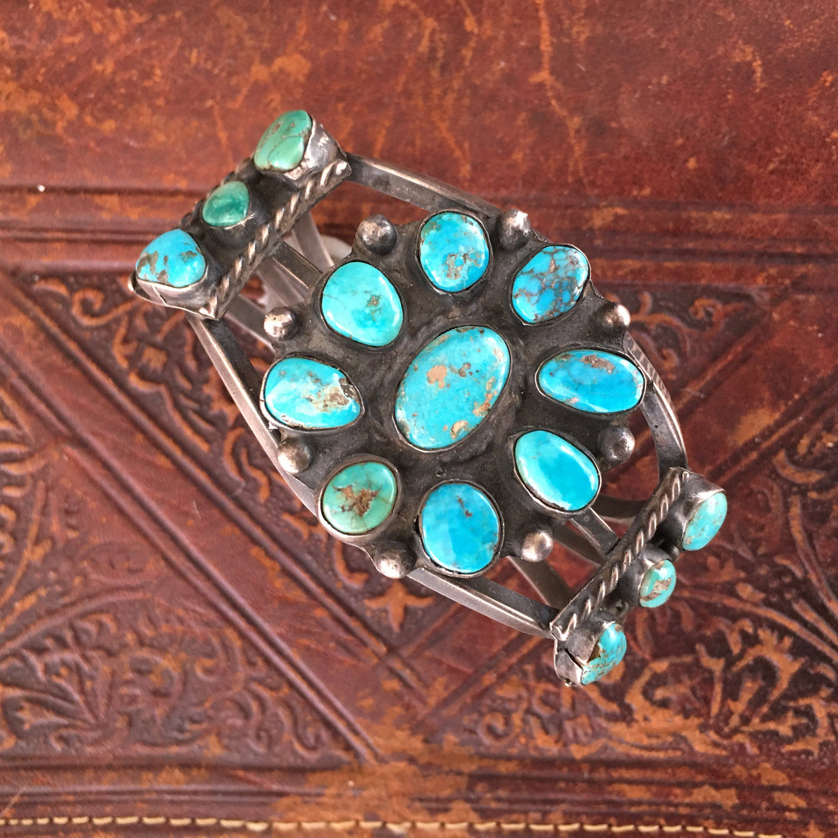 Vintage Navajo Turquoise Bracelet - Sterling and Turquoise Flower Cluster Cuff