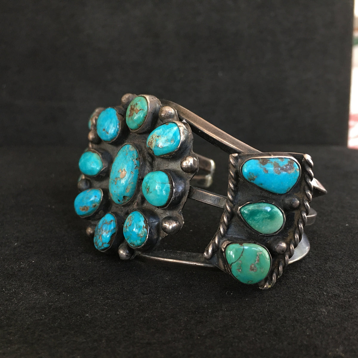 Vintage Navajo Turquoise Bracelet - Sterling and Turquoise Flower Cluster Cuff