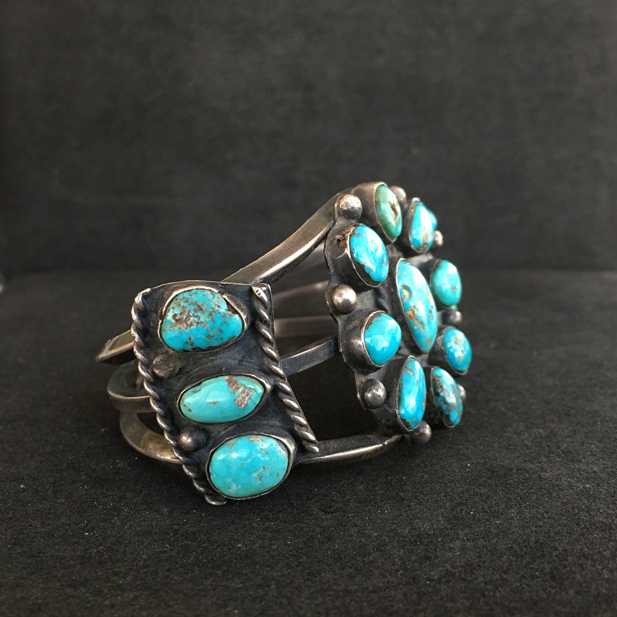 Vintage Navajo Turquoise Bracelet - Sterling and Turquoise Flower Cluster Cuff