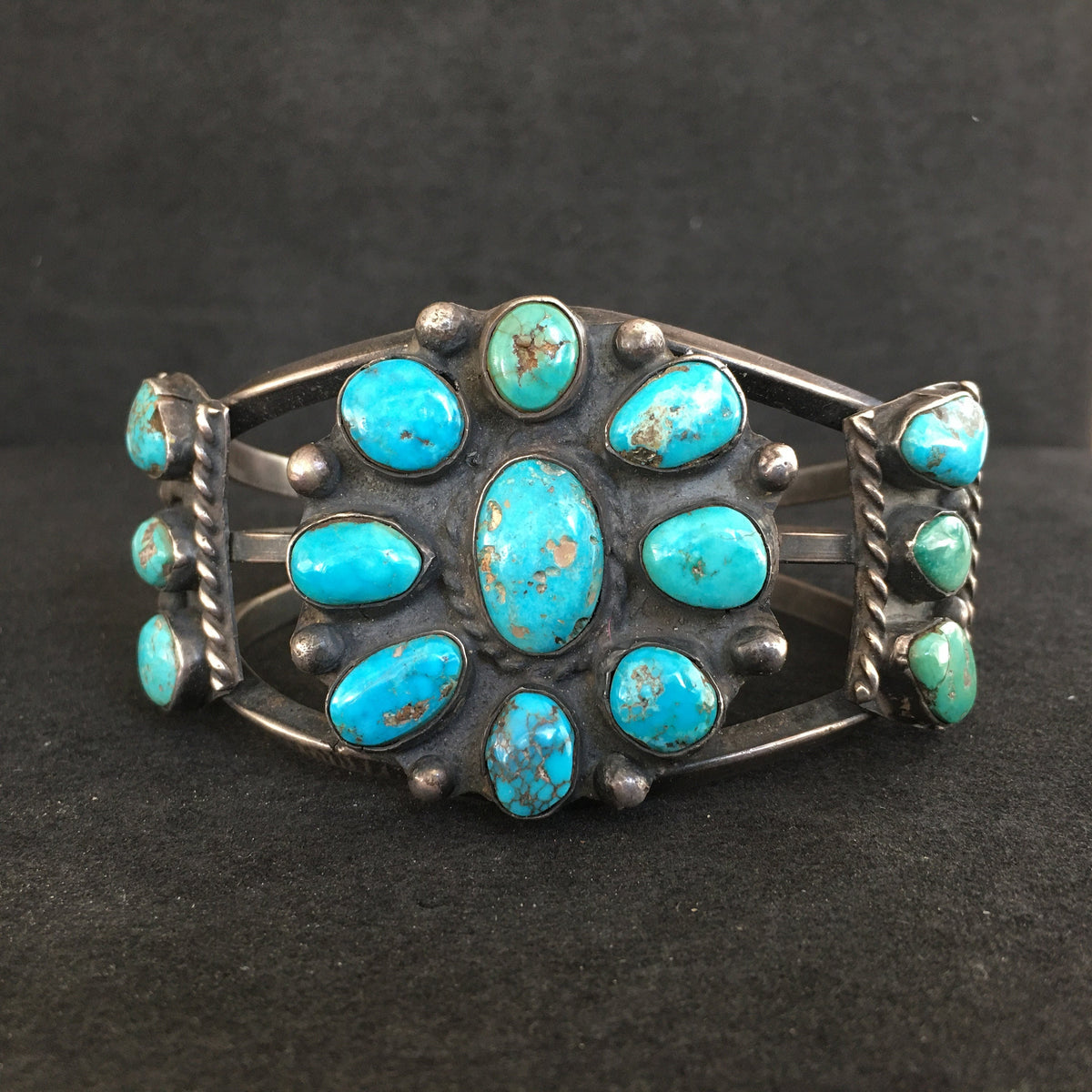 Vintage Navajo Turquoise Bracelet - Sterling and Turquoise Flower Cluster Cuff