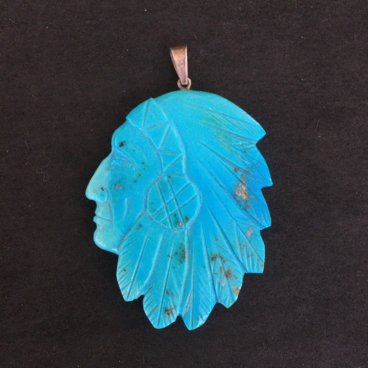 Vintage Navajo Carved Turquoise Chief Pendant