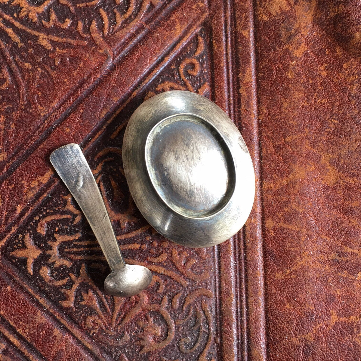 Vintage Navajo Sterling Silver Salt Cellar & Spoon, Hand Stamped