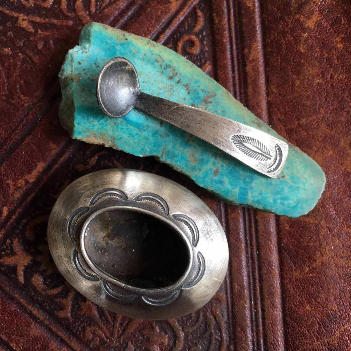 Vintage Navajo Sterling Silver Salt Cellar & Spoon, Hand Stamped