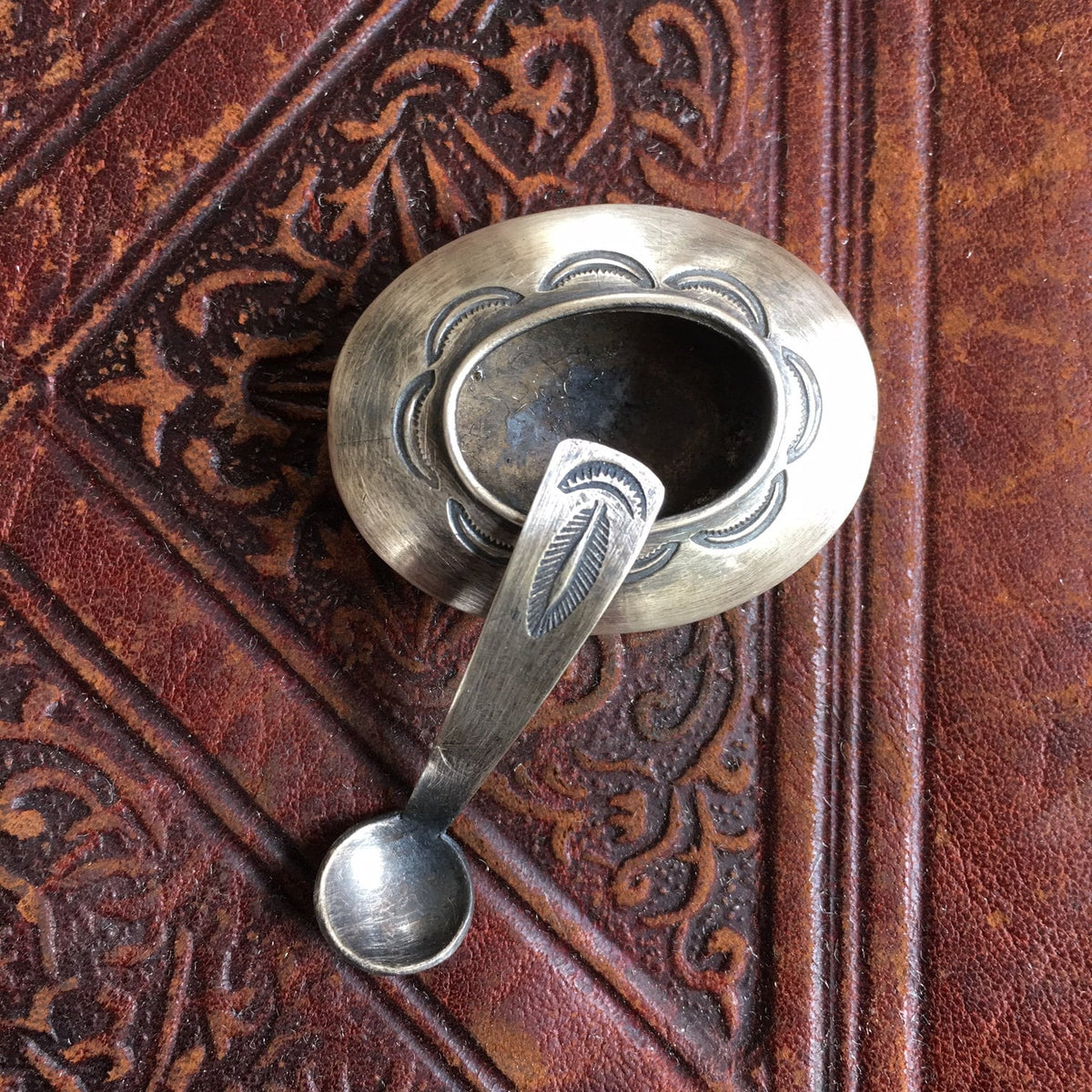 Vintage Navajo Sterling Silver Salt Cellar & Spoon, Hand Stamped