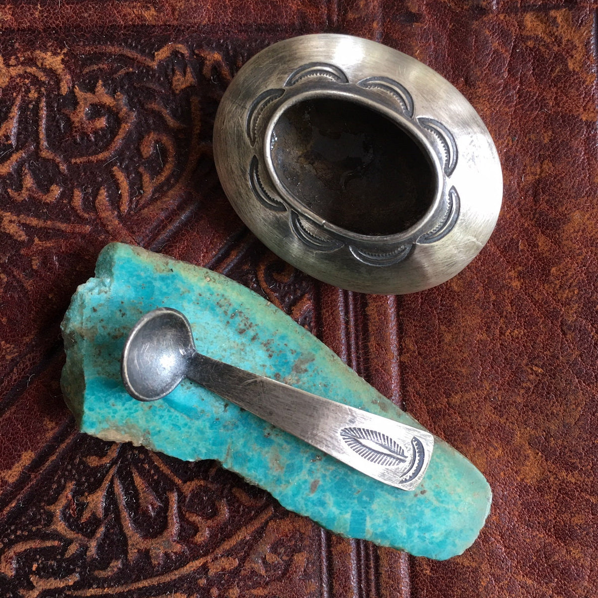 Vintage Navajo Sterling Silver Salt Cellar & Spoon, Hand Stamped