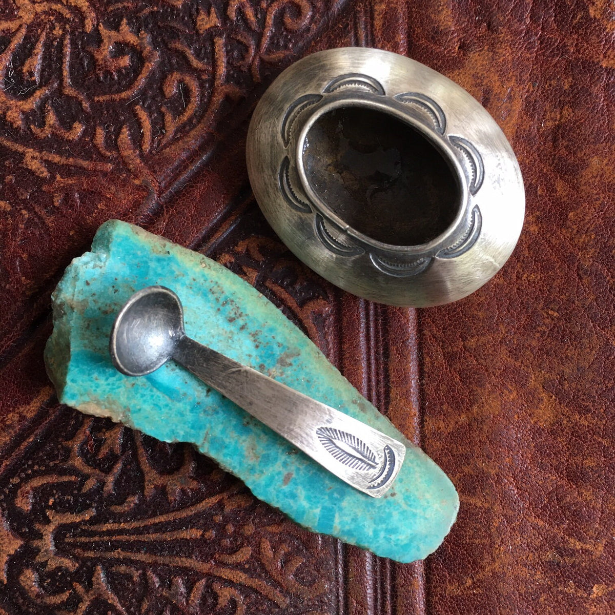 Vintage Navajo Sterling Silver Salt Cellar & Spoon, Hand Stamped