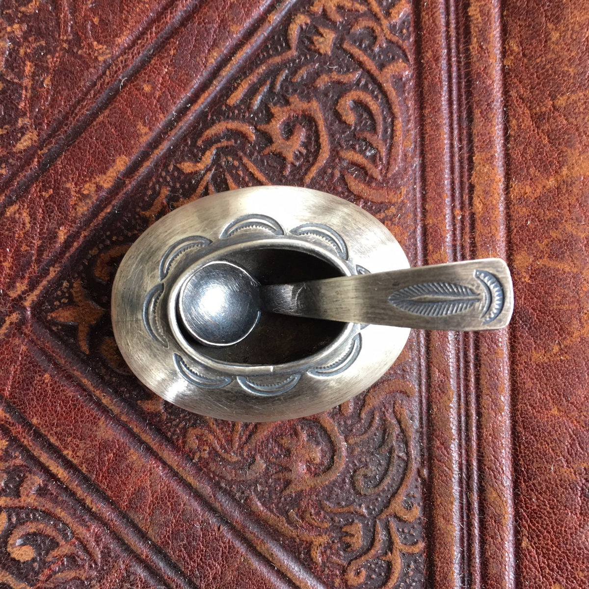 Vintage Navajo Sterling Silver Salt Cellar & Spoon, Hand Stamped