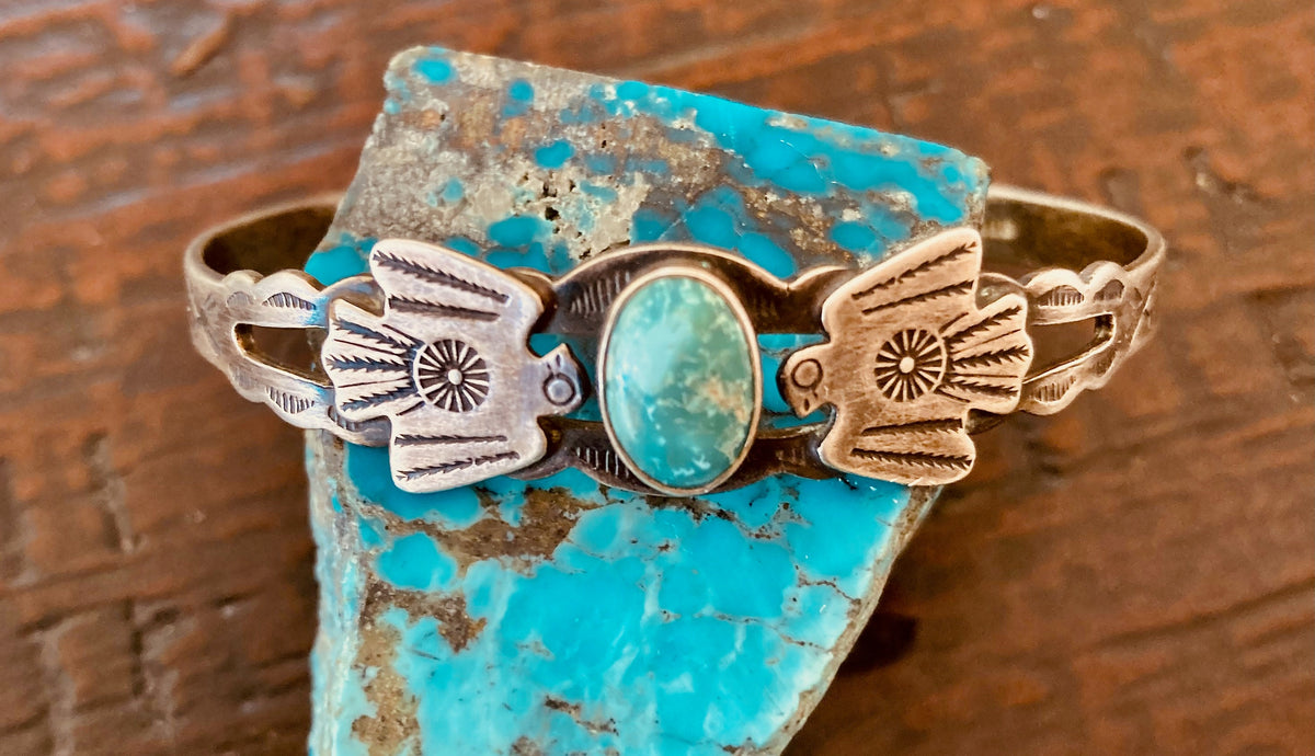 Vintage Harvey Era Thunderbird Turquoise Sterling Silver Cuff