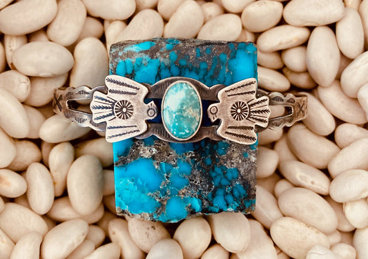 Vintage Harvey Era Thunderbird Turquoise Sterling Silver Cuff
