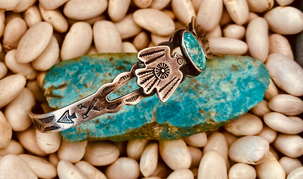 Vintage Harvey Era Thunderbird Turquoise Sterling Silver Cuff