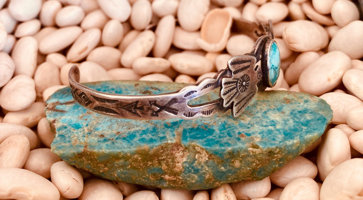 Vintage Harvey Era Thunderbird Turquoise Sterling Silver Cuff