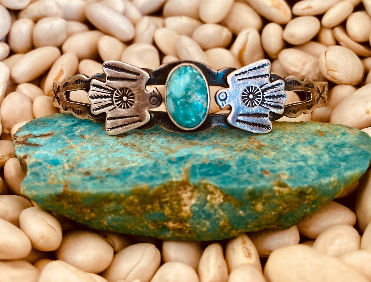 Vintage Harvey Era Thunderbird Turquoise Sterling Silver Cuff