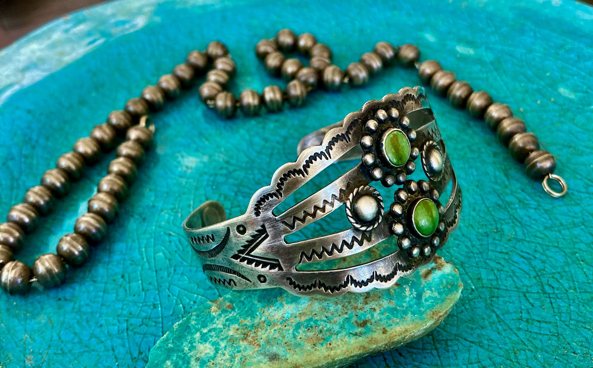 Vintage Harvey Era Sterling Silver Turquoise Cuff | Fred Harvey Trading Post Bracelet