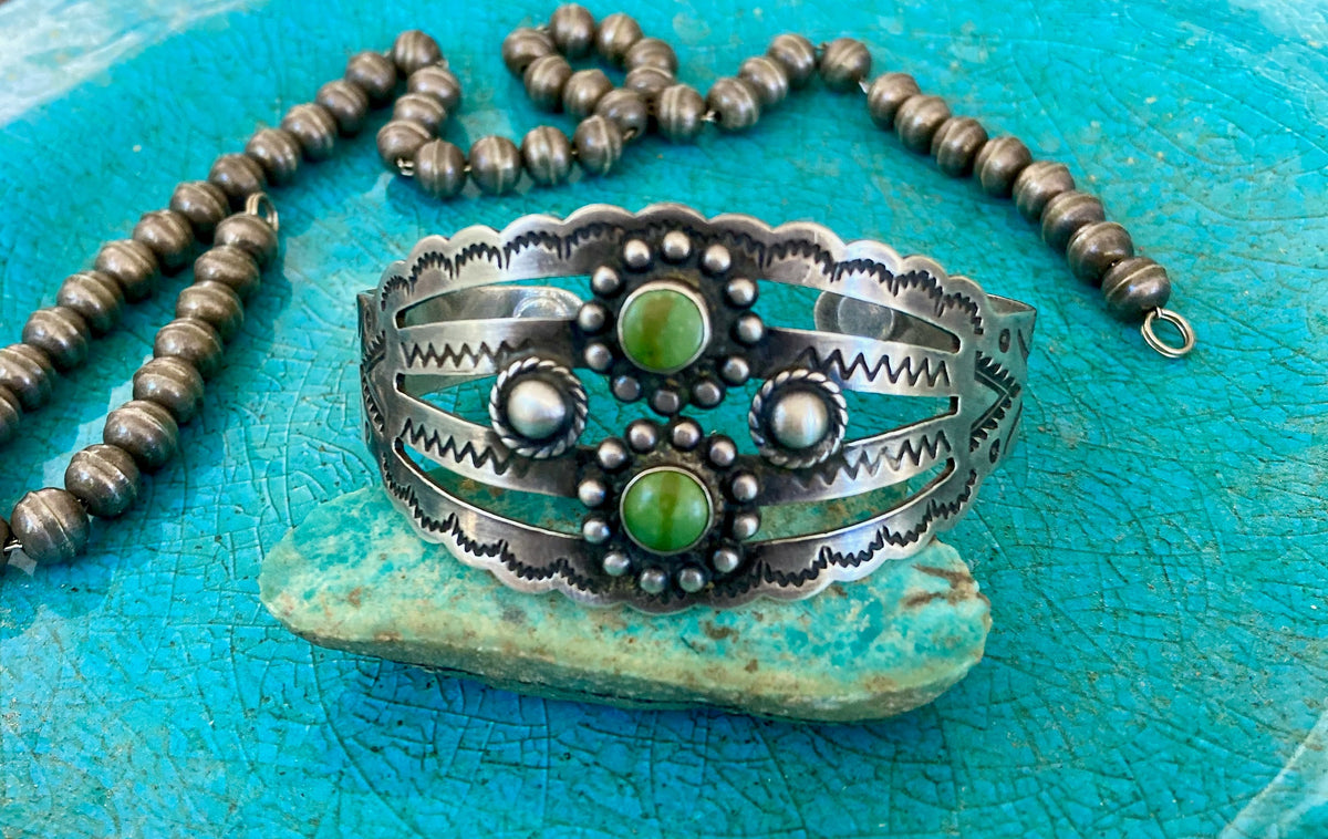 Vintage Harvey Era Sterling Silver Turquoise Cuff | Fred Harvey Trading Post Bracelet