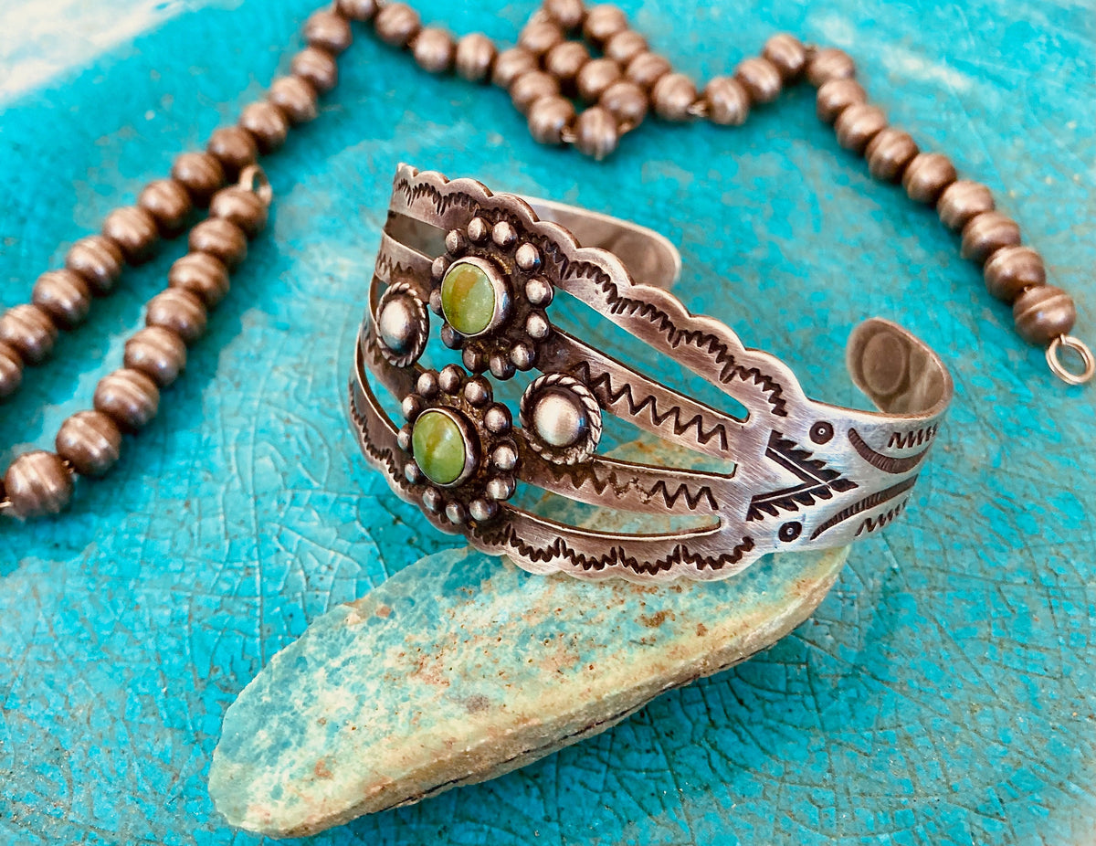 Vintage Harvey Era Sterling Silver Turquoise Cuff | Fred Harvey Trading Post Bracelet