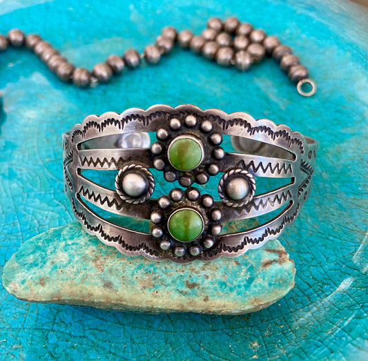 Vintage Harvey Era Sterling Silver Turquoise Cuff | Fred Harvey Trading Post Bracelet