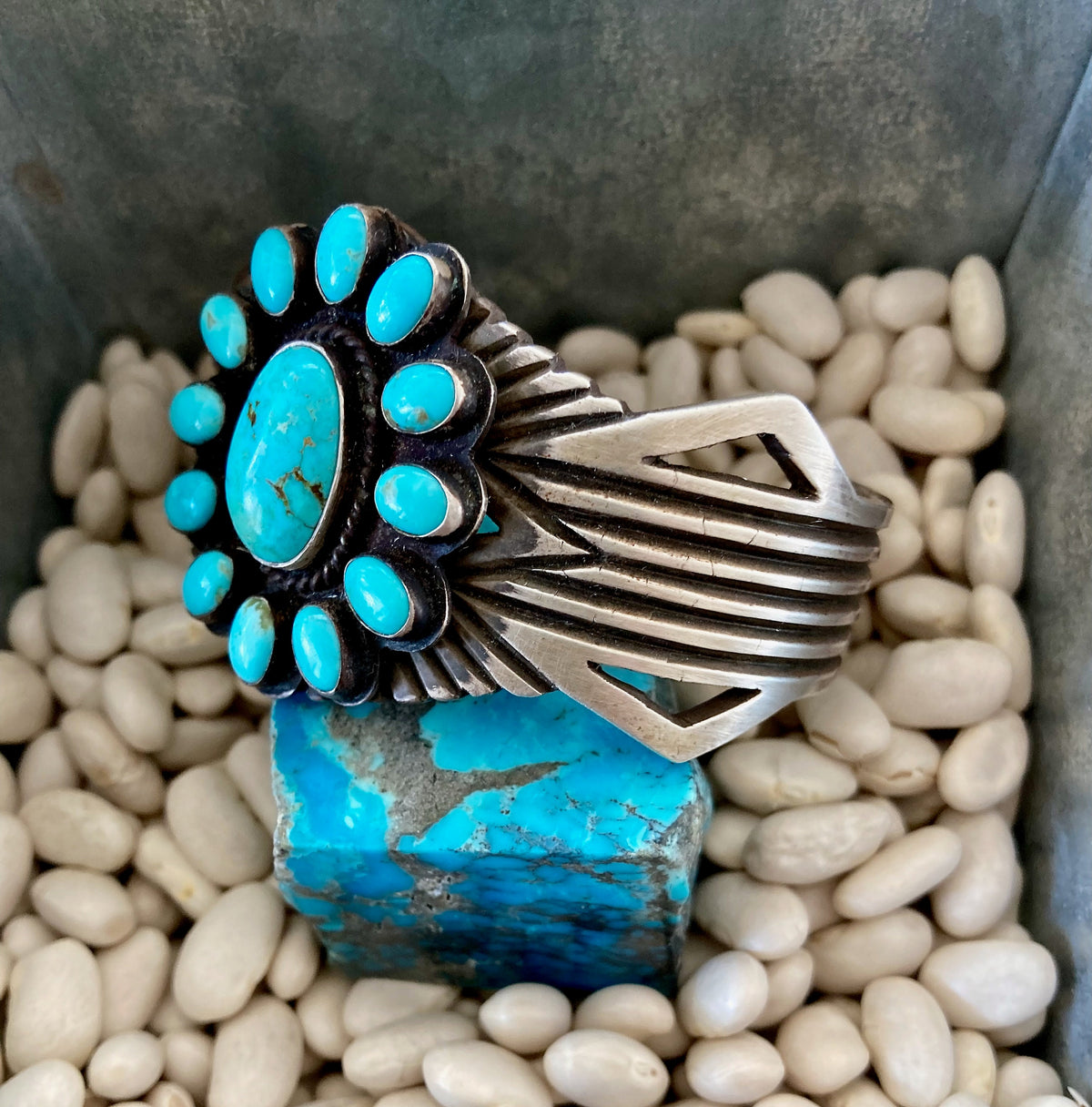Vintage Old Pawn Sterling Silver Kingman Turquoise Cluster Cuff Bracelet