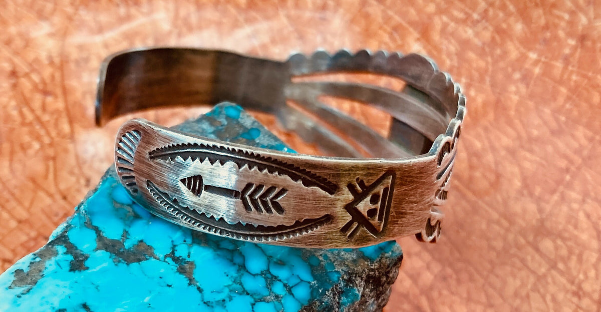Vintage Fred Harvey Era Turquoise Sterling Silver Four-Bar Cuff