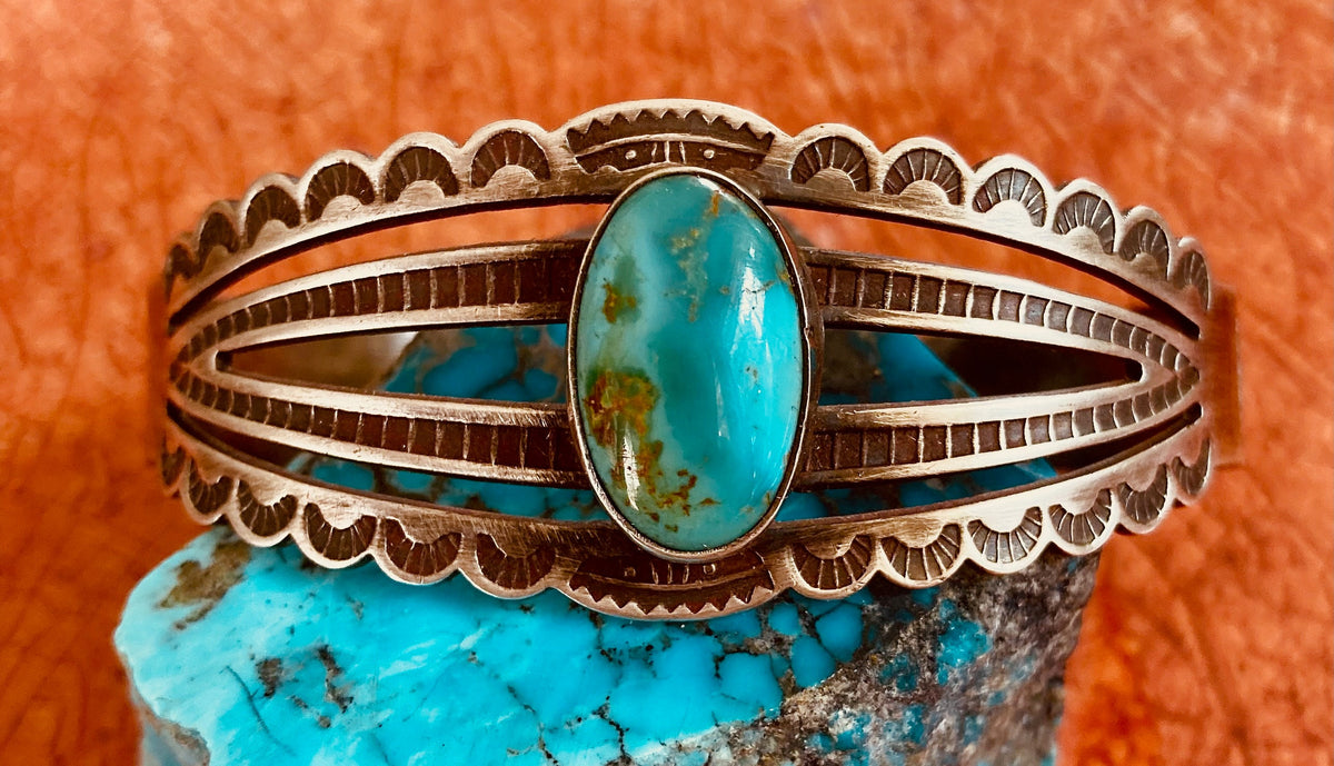 Vintage Fred Harvey Era Turquoise Sterling Silver Four-Bar Cuff