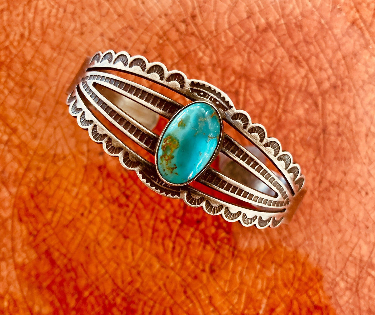 Vintage Fred Harvey Era Turquoise Sterling Silver Four-Bar Cuff