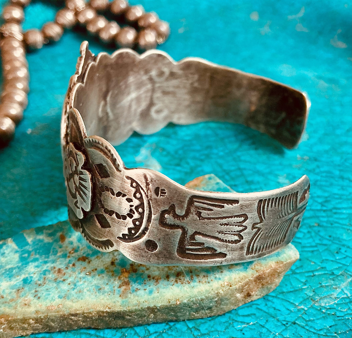 Vintage Southwestern Thunderbird Turquoise Sterling Silver Cuff Bracelet