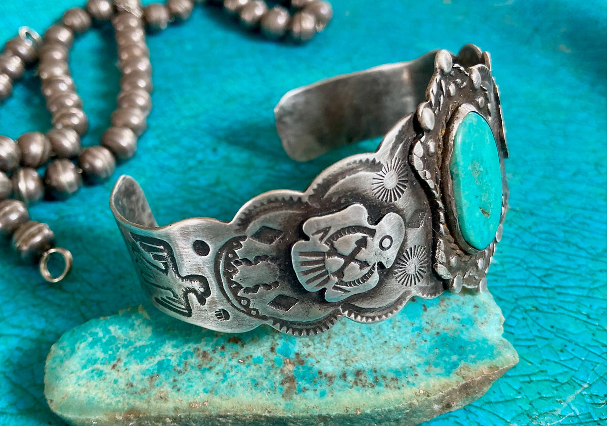 Vintage Southwestern Thunderbird Turquoise Sterling Silver Cuff Bracelet